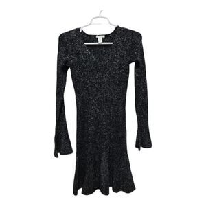 H&M Black Silver Metallic Knit Long Sleeve Fit Flare Dress XS